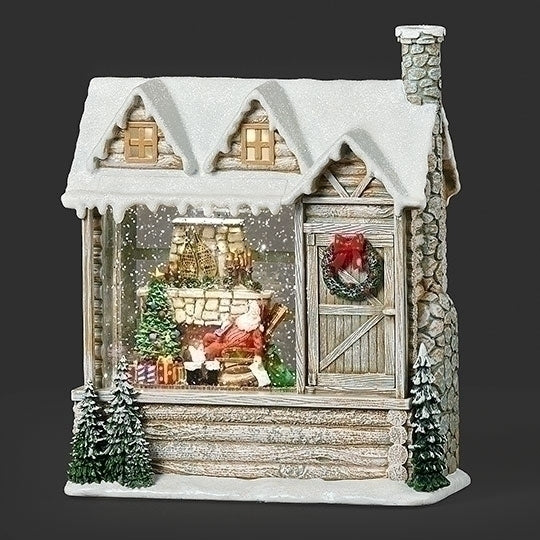 9"H Lighted Swirl Log Cabin - Sleeping Santa