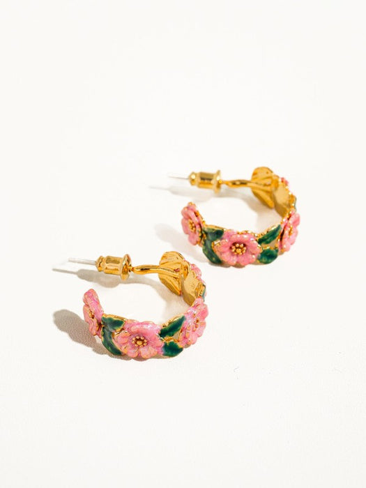 18K Gold Plated Pink Floral Hoop Earring