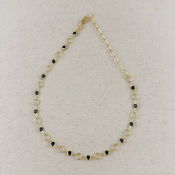 18k Gold Filled Black Bezel CZ & Circles Choker Necklace