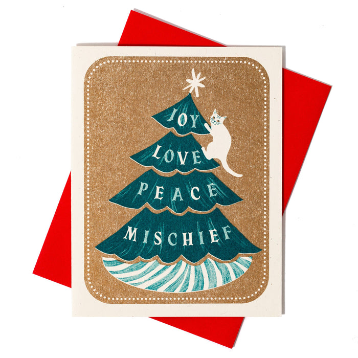 Joy Love Peace Mischief Cat - Risograph Christmas Card