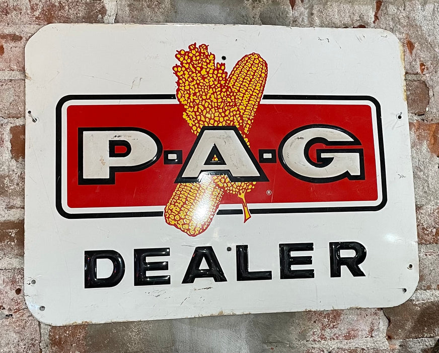 VINTAGE ORIGINAL P-A-G DEALER EMBOSSED FARMING SEED FEED METAL SIGN 24 X 18 AGRICULTURE