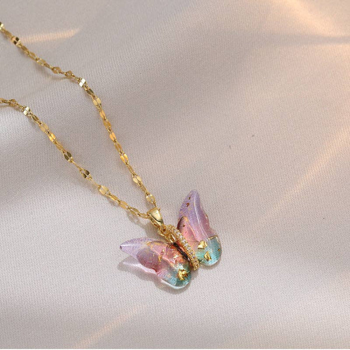 Colorful Butterfly CZ Pendant Necklace in Stainless Steel