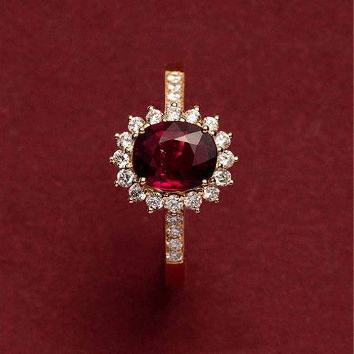 Oval-Cut Garnet Flower Statement Ring in 925 Sterling Silver