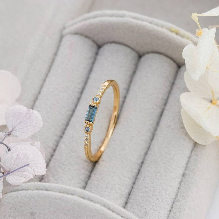 Baguette Blue CZ Stack Thin Band Ring in 925 Sterling Silver