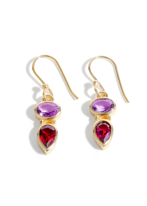 Oval-Pear Cut Gold Plated Amethyst & Garnet Drop Earrings