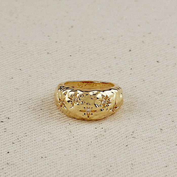 18k Gold Filled Hammered Moon Ring With CZ Stones