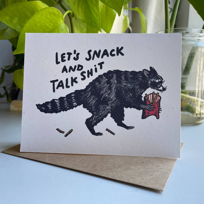 Let’s Snack and Talk Shit Raccoon Greeting Card