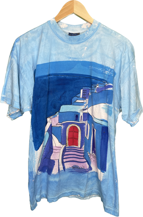 M/L Vintage Santorini Greece AOP Art Travel Souvenir T-Shirt
