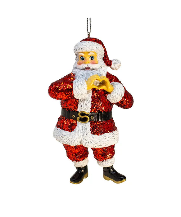 Glittered Santa with Heart Hands Ornament