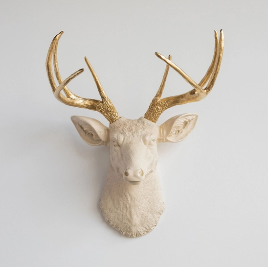 Faux Deer Head Wall Mount - Ivory + Gold