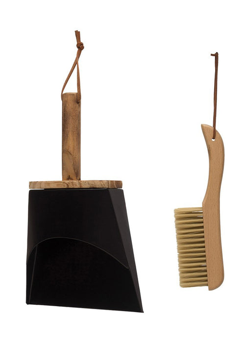 Beech Wood Brush & Metal Dust Pan with Leather Strap Set