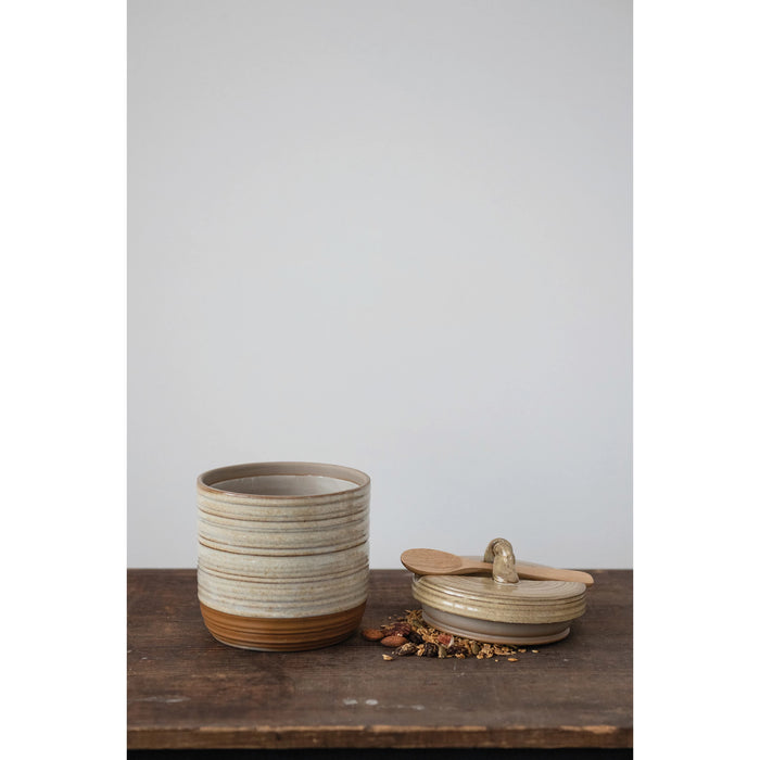Stoneware Jar w/ Wood Spoon - Set of 2